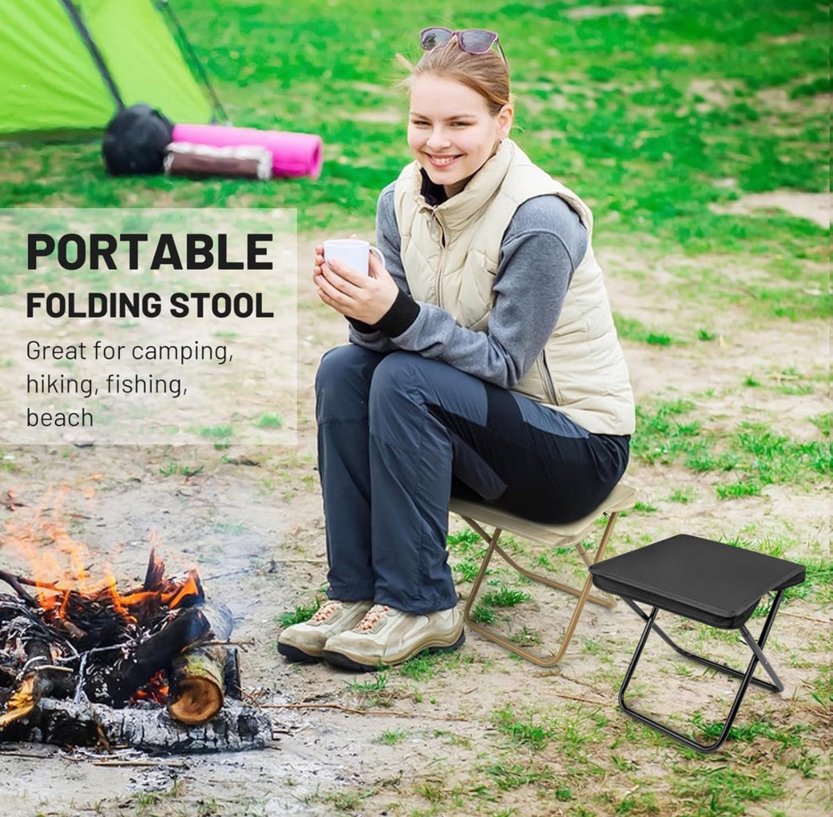 Portable Folding Camping Stool, Lightweight Zipper Packed Folding Chair, Lightweight Camp Stool for Outdoor, Backpacking, Travel, Hiking, Fishing (Black
