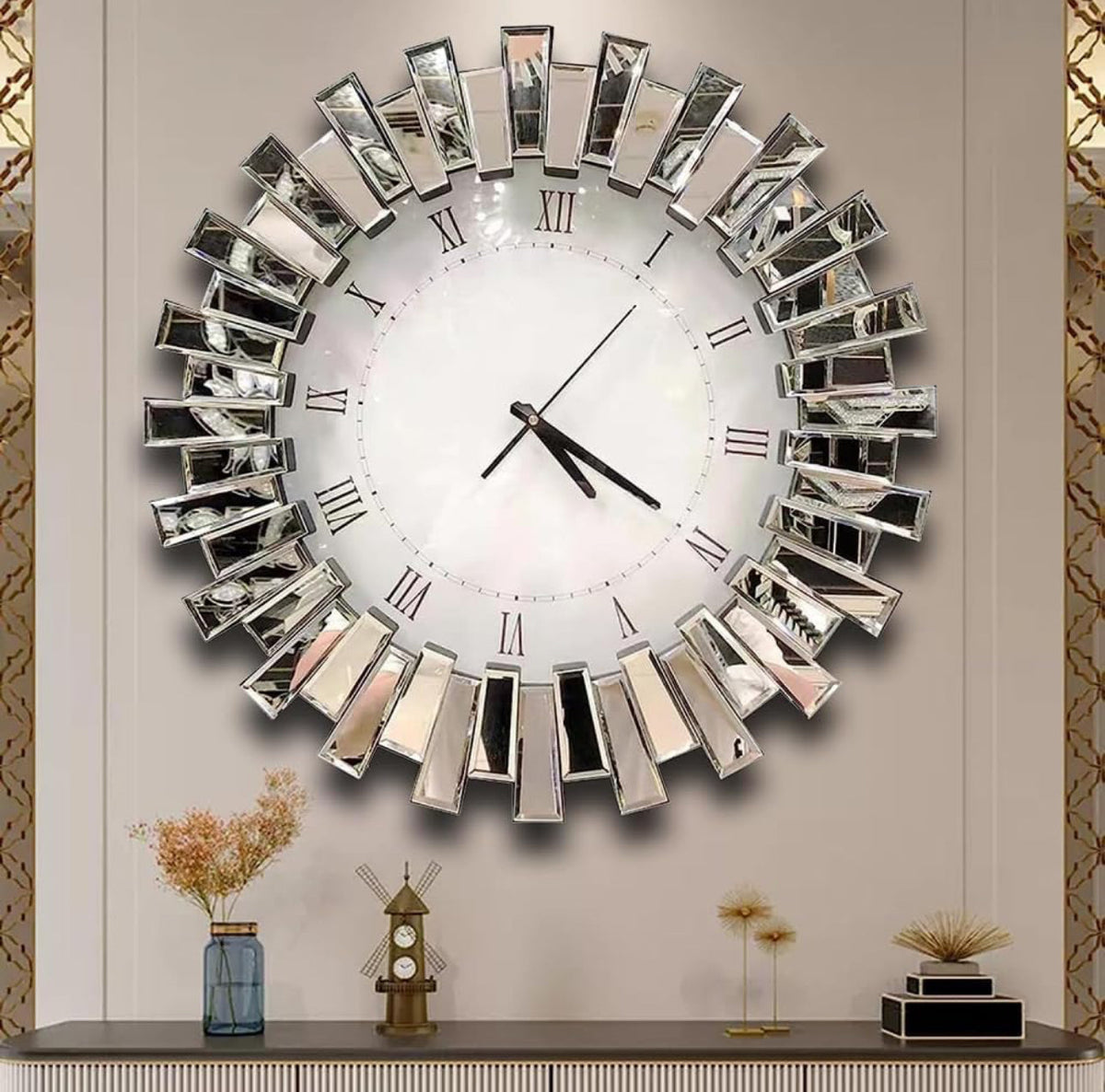 3D Starburst Silver Wall Clock Modern Decorative Clocks with Beveled Glass Frame Luxury Big Clocks for Living Room Decor 60cm