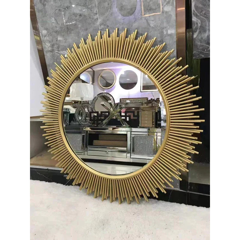 European Gold Sun Shape Decorative Wall Mirror,Wrought Iron Wall Mural Crafts Home Livingroom