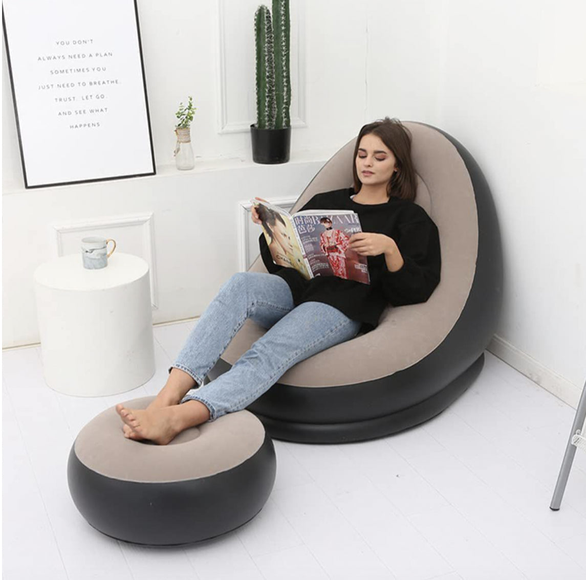 MHome Inflatable Lounge Chair for Adults with Foot Stool – Folding Portable Lazy Sofa