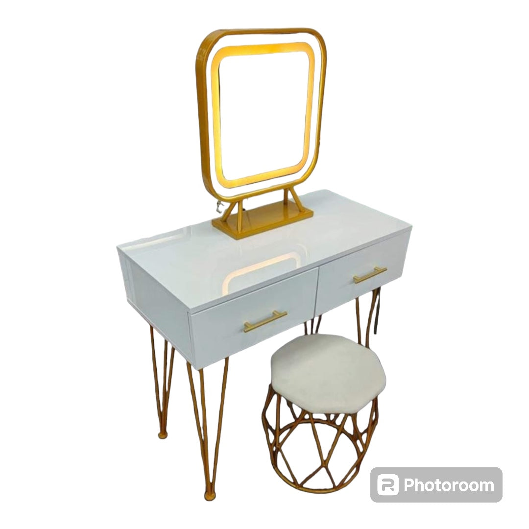 Modern White Extendable Makeup Vanity 2 Drawers Dressing Table Set with Stool and Mirror.