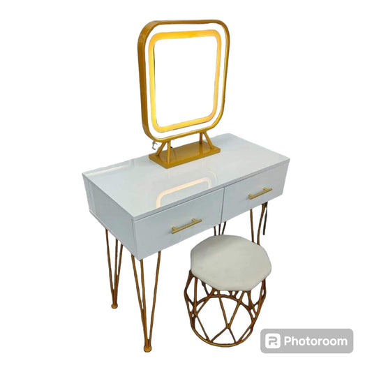 Modern White Extendable Makeup Vanity 2 Drawers Dressing Table Set with Stool and Mirror.