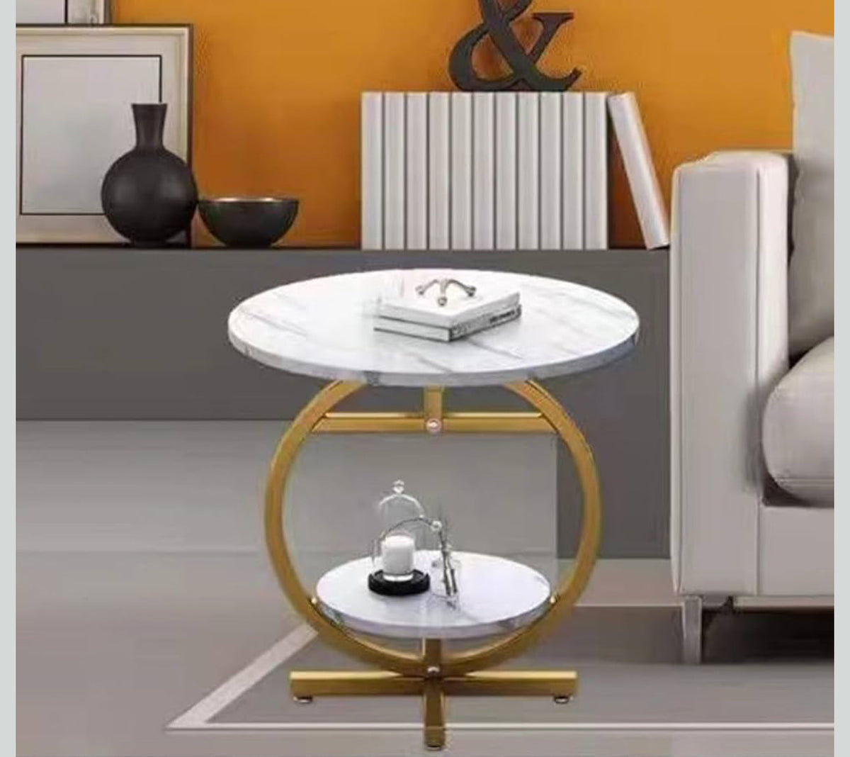 MFurn Luxury Side Table – Golden Metal Frame with Marble Surfac