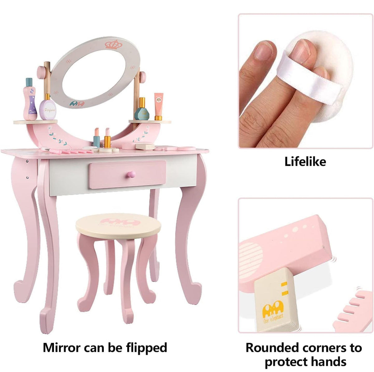 Generic Toddler Fantasy Vanity Beauty Dresser Table Play Set with Chair, Fashion & Makeup Accessories for Kid and Pretend Play, Toy,Wooden Dressing Table And Stools, Dresser Table,3,4,5 Age Kids (PINK)