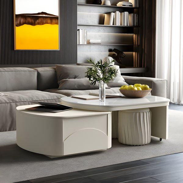 MFurn  Extendable Coffee Table for Living Room,with 2 Storage Stools and 2 Drawers, White.