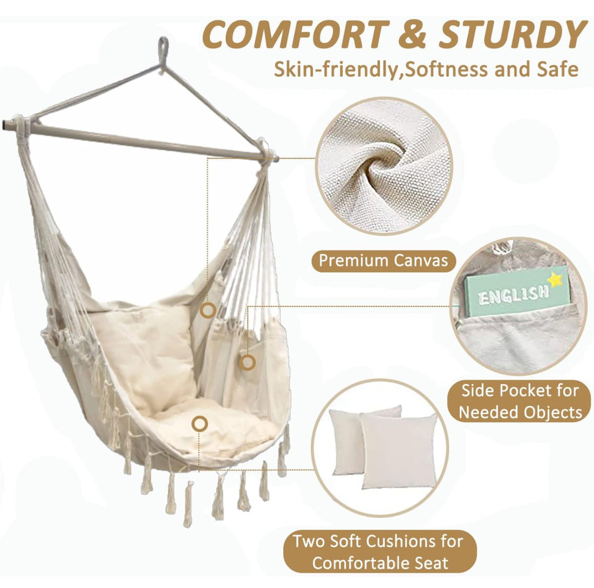 Hammock Chair Swing Removable Support Rod, Hanging Hardware Kit, with Side Pockets for Indoor and Outdoor Home Bedroom