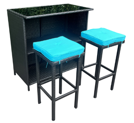 MFurn Cassy 3pc Wicker Outdoor Patio Bar Set with Glass Top & Cushions