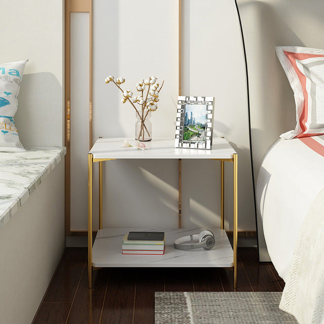 MFurn Modern Wooden Coffee Table – 2-Tier Side Table with Metal Legs