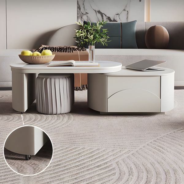 MFurn  Extendable Coffee Table for Living Room,with 2 Storage Stools and 2 Drawers, White.