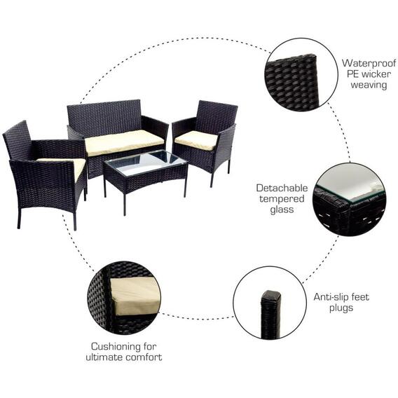 MFurn Tiny Inspired 4 Piece Rattan Garden Furniture Set With Cushions And Glass Table