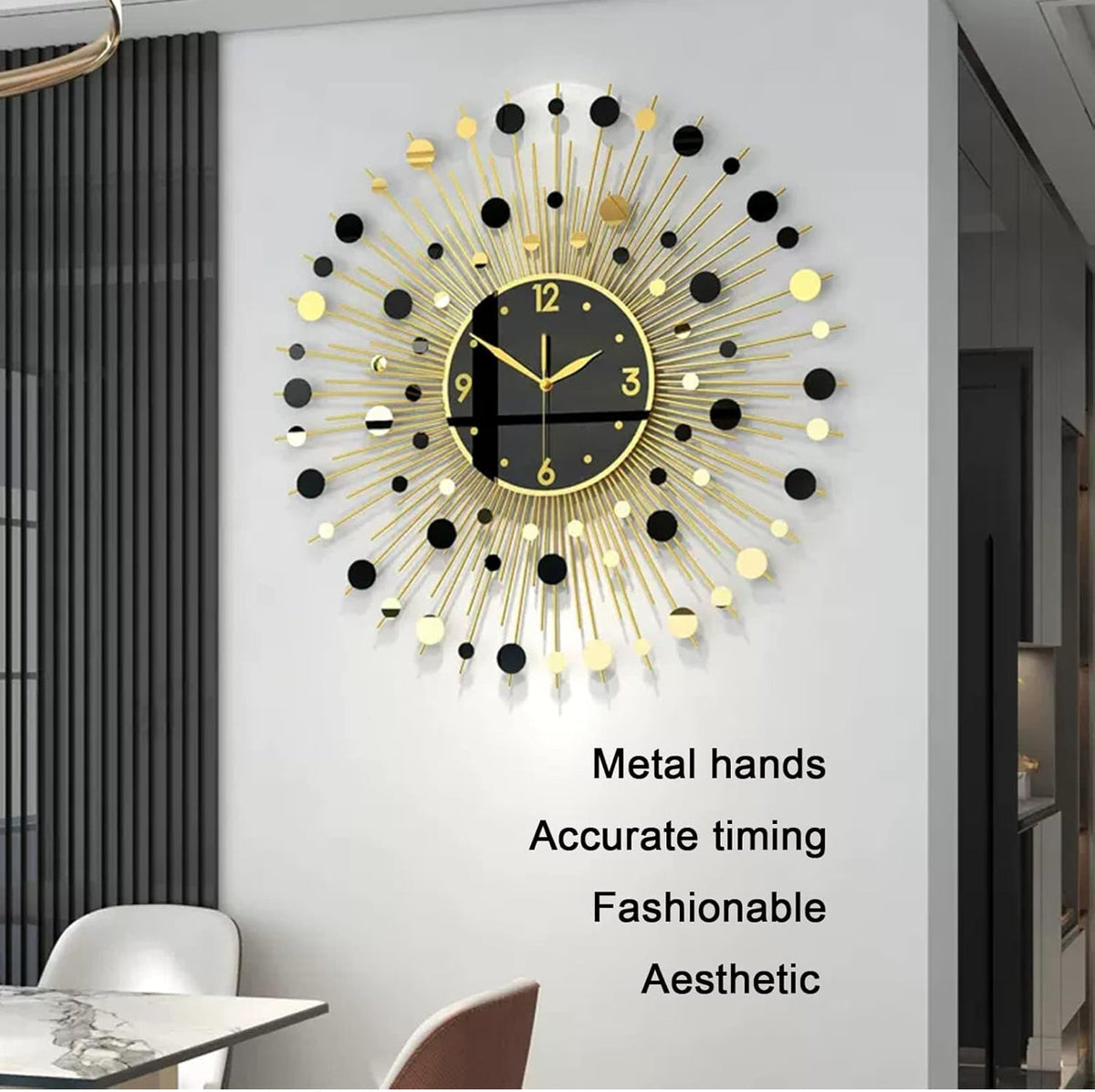 Classic Sun Burst Metal Wall Clock Living Room Decoration Silent Battery Operated Clock,60 x 60 cm