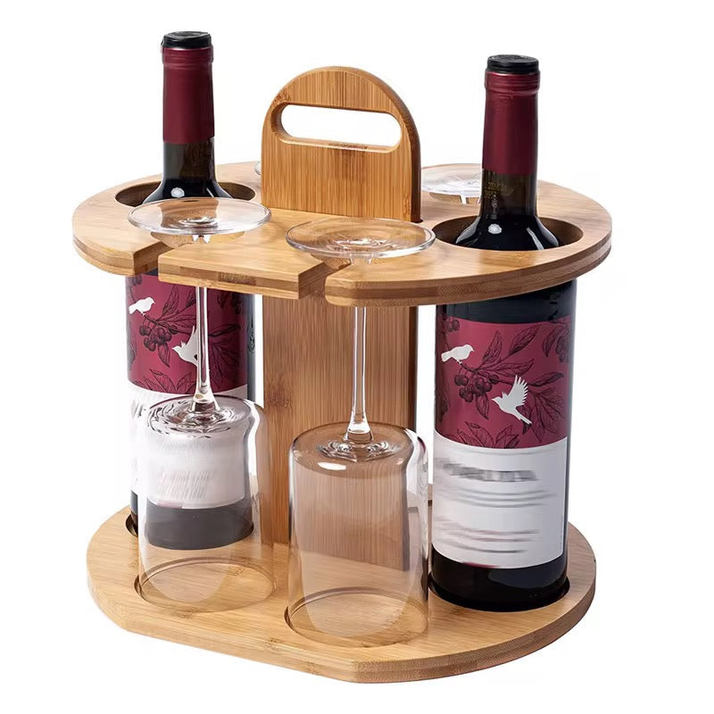 MHome Countertop Bamboo Wine Glass Rack – Holds 4 Glasses & 2 Bottles