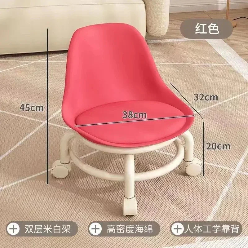 Low Chair Stool, Load Capacity Children's Stool, Backrest, Small, Living Stool, Low Chair, Small, Nappa Leather Fabric, Thick, Waterproof, Quiet Casters, 360 Degree