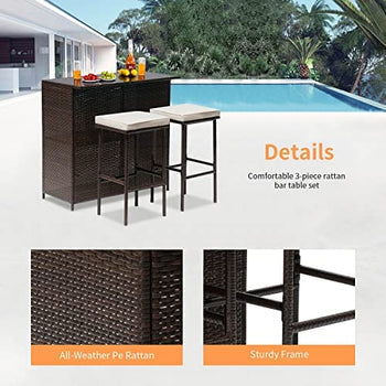 MFurn Cassy 3pc Wicker Outdoor Patio Bar Set with Glass Top & Cushions
