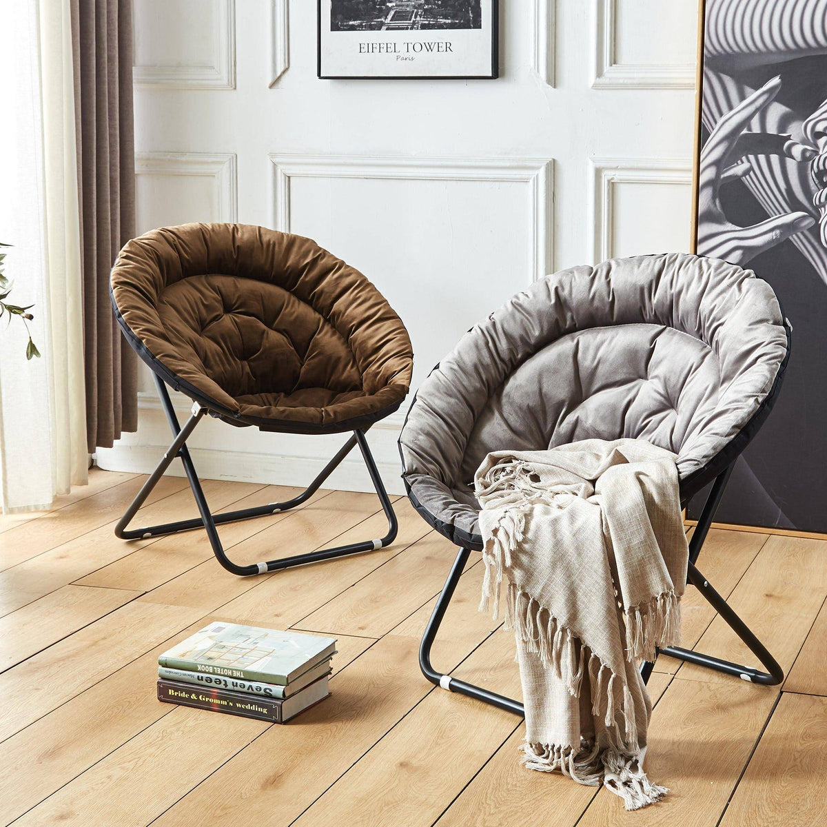 MFurn Folding Moon Chair Velvet Saucer Chair Various Colours
