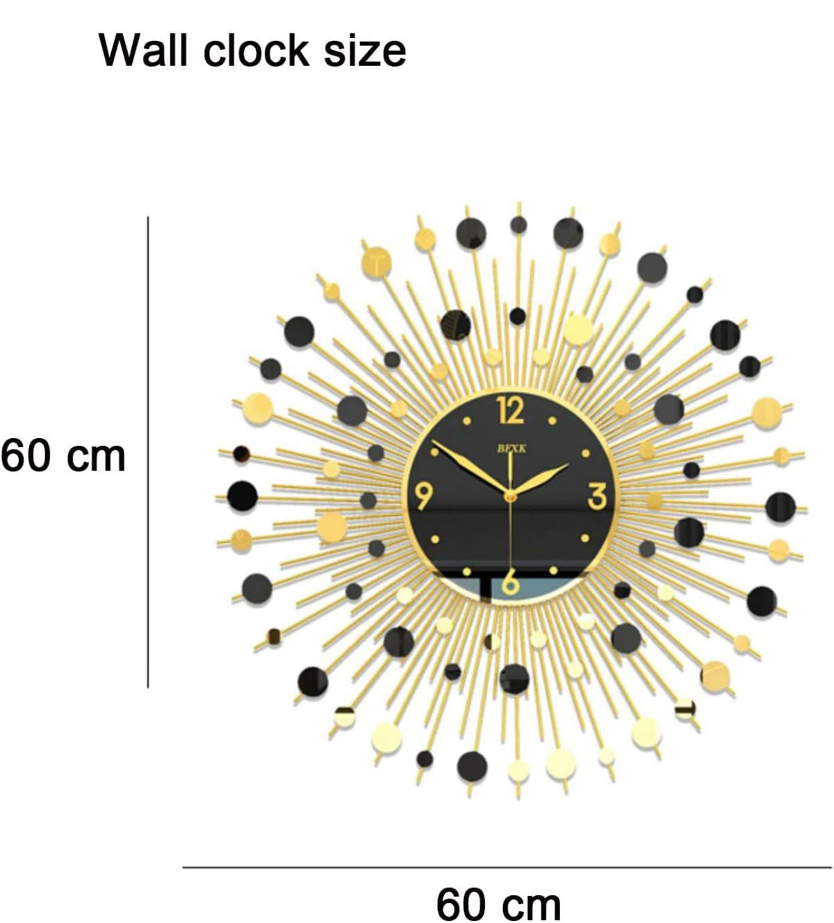 Classic Sun Burst Metal Wall Clock Living Room Decoration Silent Battery Operated Clock,60 x 60 cm