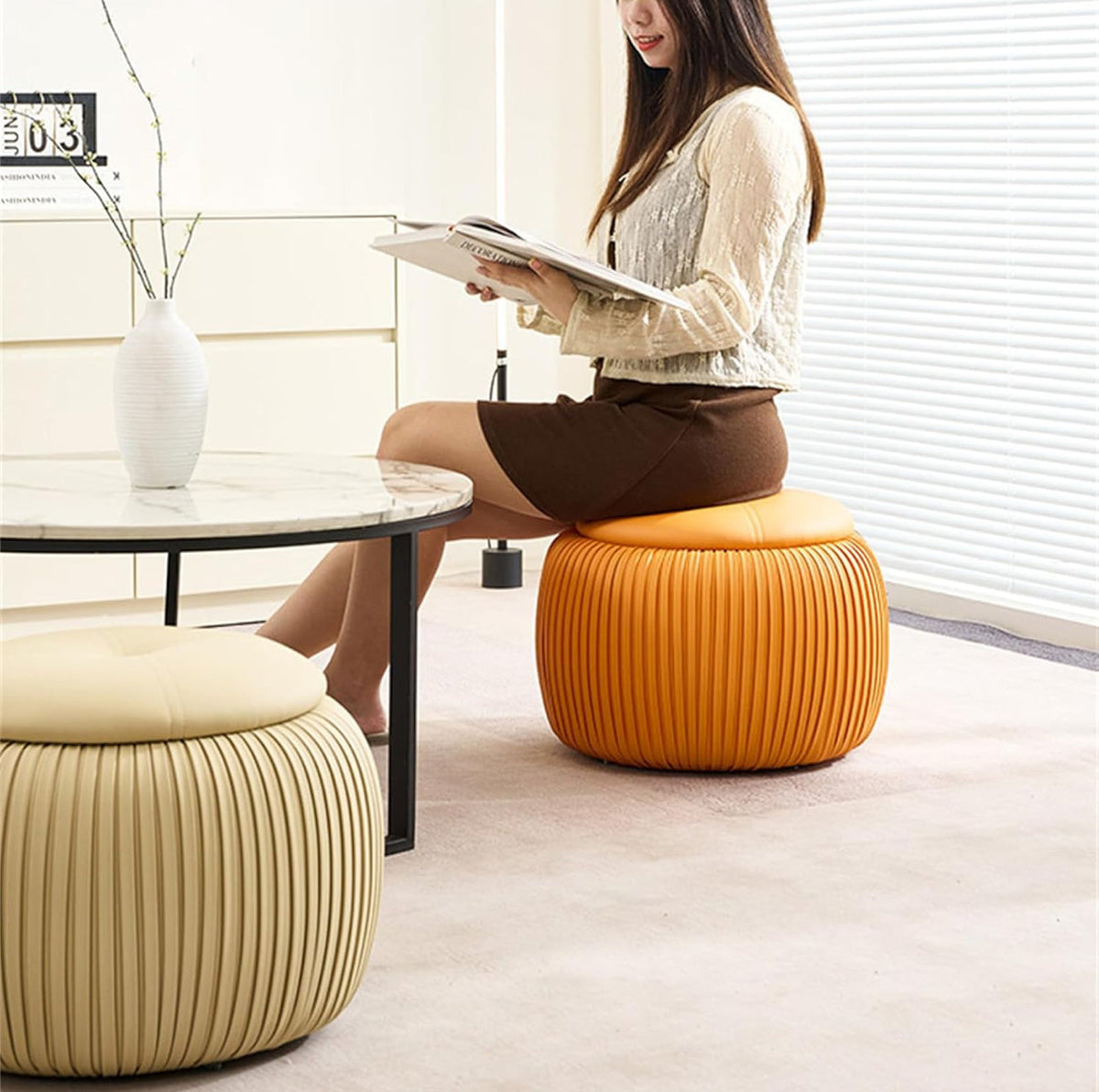 Round Ottoman with Storage, Round Shoe Storage Ottoman, Ottoman Footstool, Upholstered Round Foot Rest Coffee Table Padded Seat for Living Room Bedroom