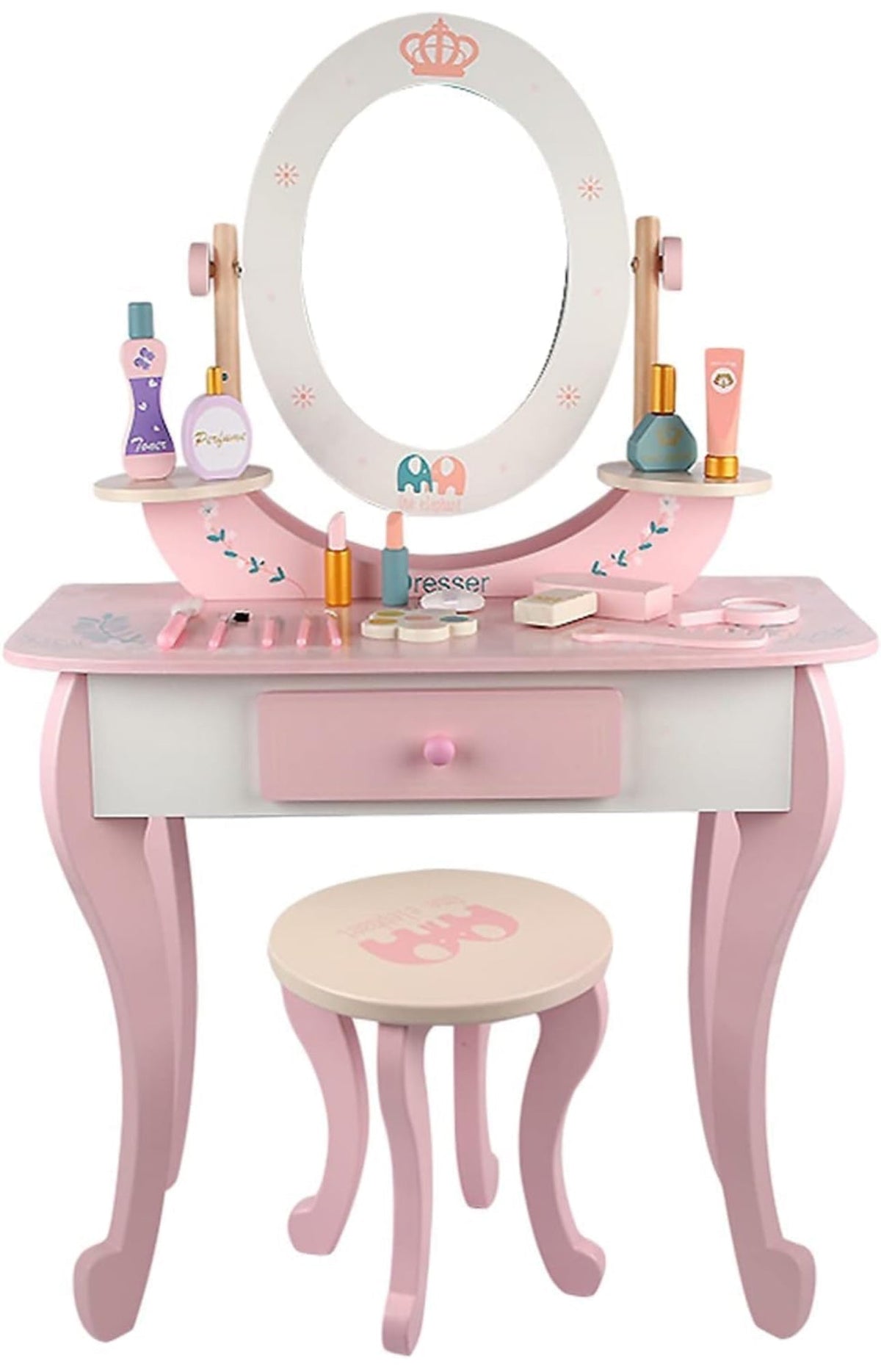Generic Toddler Fantasy Vanity Beauty Dresser Table Play Set with Chair, Fashion & Makeup Accessories for Kid and Pretend Play, Toy,Wooden Dressing Table And Stools, Dresser Table,3,4,5 Age Kids (PINK)