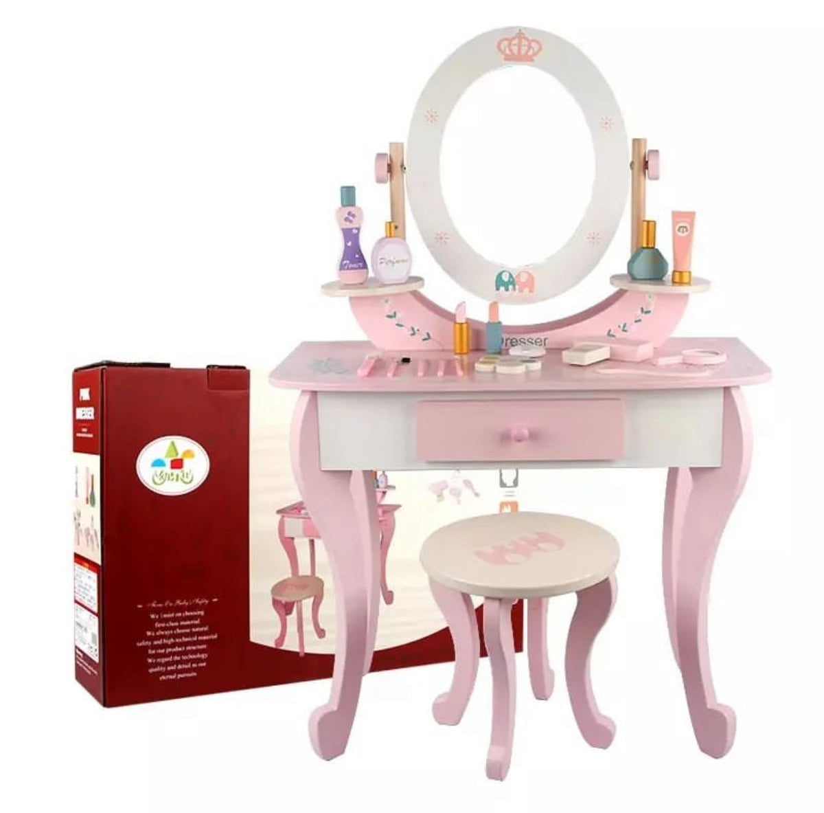Generic Toddler Fantasy Vanity Beauty Dresser Table Play Set with Chair, Fashion & Makeup Accessories for Kid and Pretend Play, Toy,Wooden Dressing Table And Stools, Dresser Table,3,4,5 Age Kids (PINK)