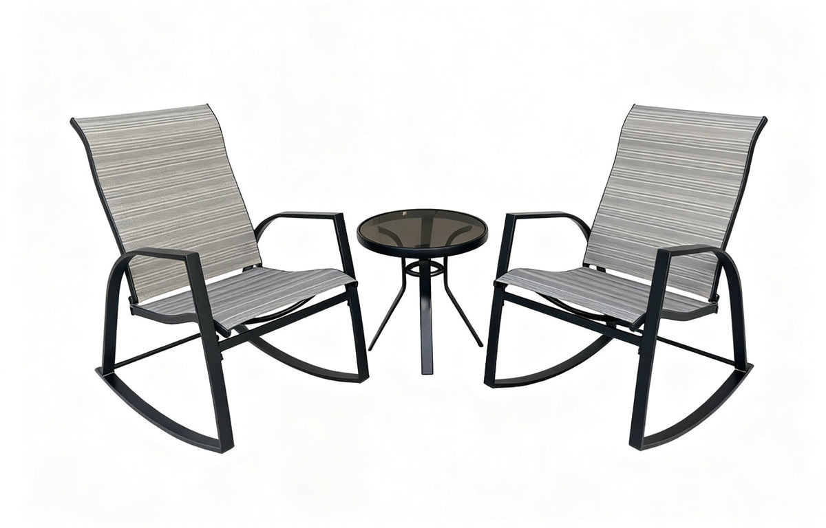 MFurn Milan 3Pc Patio Bistro Set – 2 Rocking Chairs & Glass Coffee Table