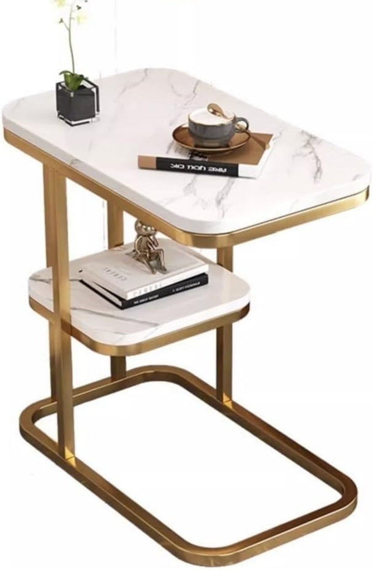 MHome Imitation Marble 2-Layer Side Table for Living Room or Bedroom