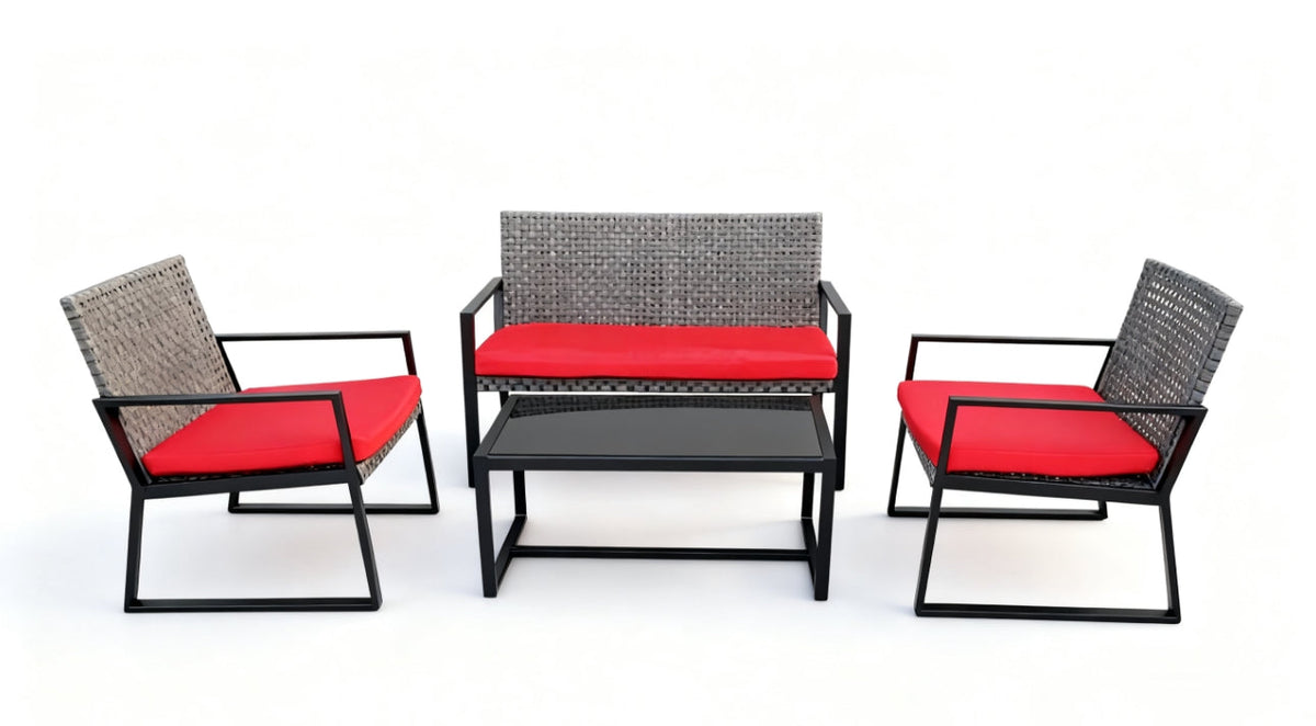 MFurn Maggie Inspirations 4-Piece Black Patio Conversation Set with Red Cushions