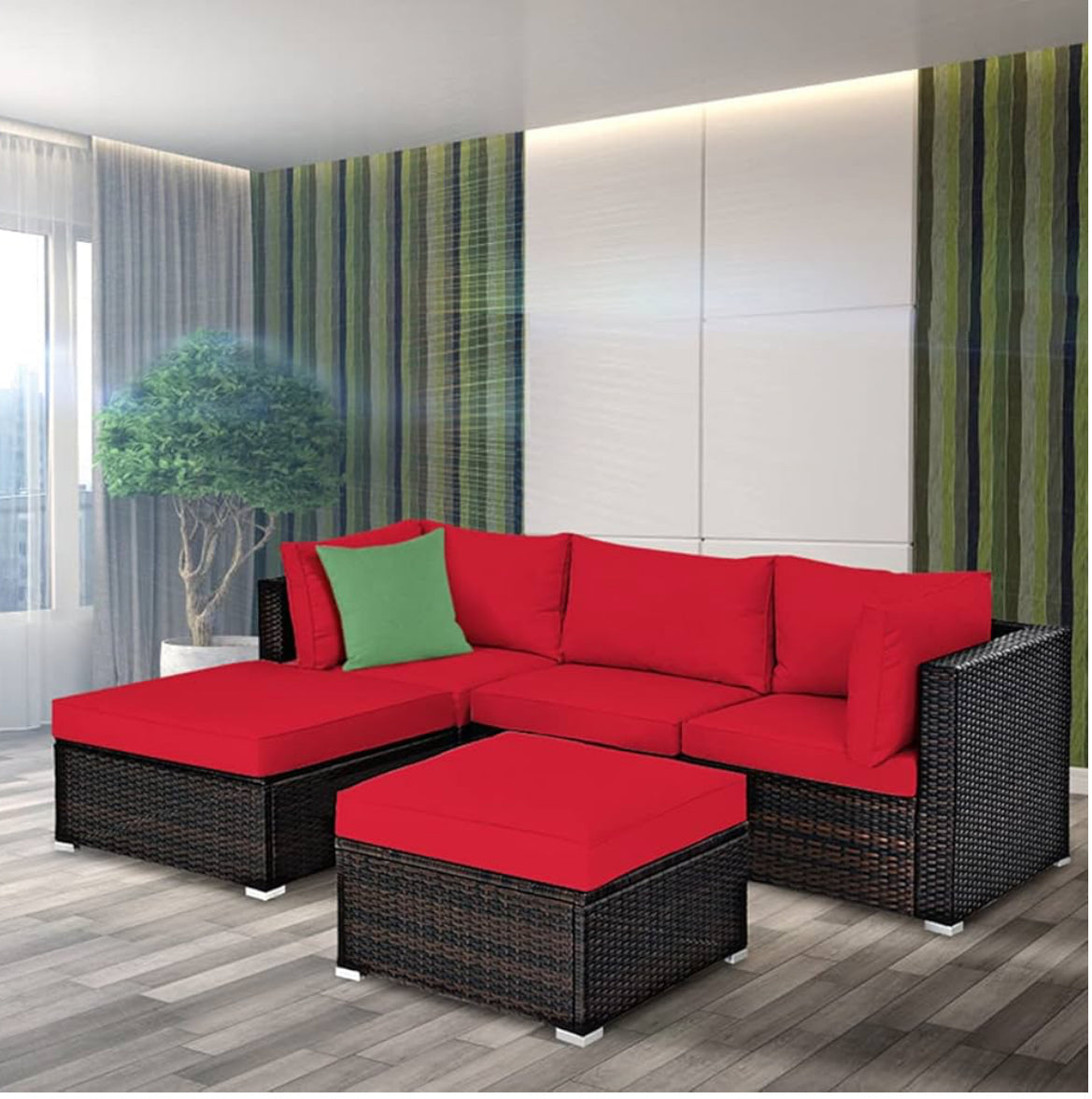 MFurn - Lexi 5pc Patio Furniture Set - Wicker Conversation Set With Removable Cushions & Side Table Ottoman, Rattan Outdoor Sectional Sofa For Garden, Backyard, Porch, Outdoor Furniture (Red)-PreOrder Sales Now Open