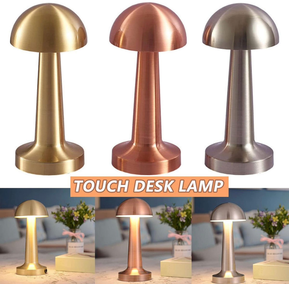 Metal Mushroom Table Lamp, Creative Cordless LED Desk Lamp Durable Top Touch Night Light Durable