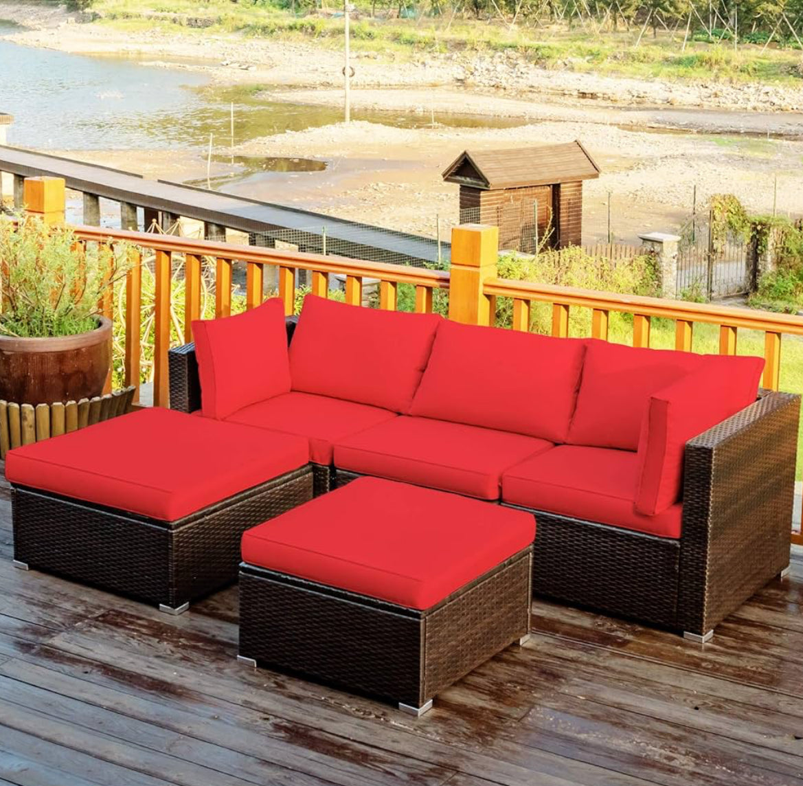 MFurn - Lexi 5pc Patio Furniture Set - Wicker Conversation Set With Removable Cushions & Side Table Ottoman, Rattan Outdoor Sectional Sofa For Garden, Backyard, Porch, Outdoor Furniture (Red)-PreOrder Sales Now Open