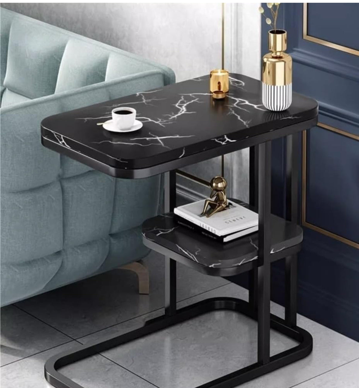 MHome Imitation Marble 2-Layer Side Table for Living Room or Bedroom