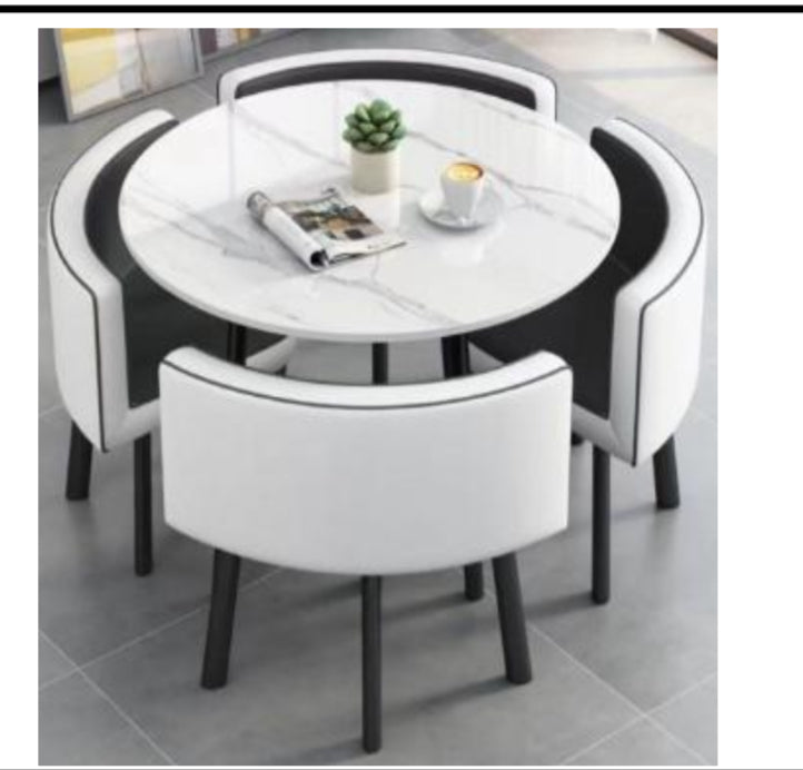 MFurn Modern Nordic Round Dining Table Set – 5pc Marble Look MDF Table with 4 PU Leather Chairs