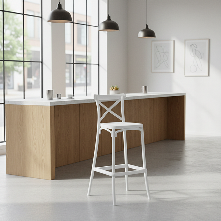 MFurn Resin Cross Back Bar Chair – Modern Bar Stool with Backrest for Dining Room & Kitchen