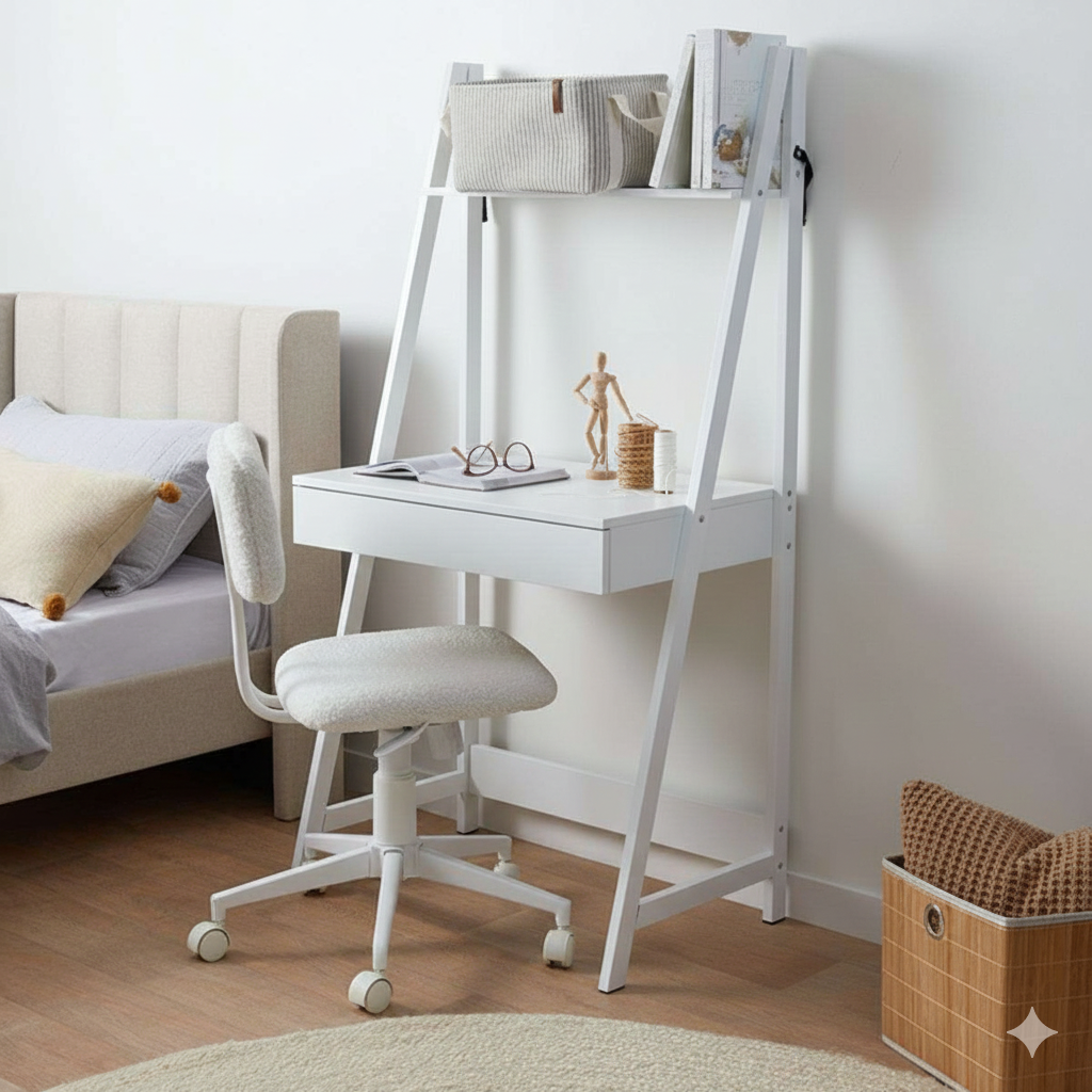 MFurn Modern Ladder Study Desk With Shelf – Wood & White Metal Frame