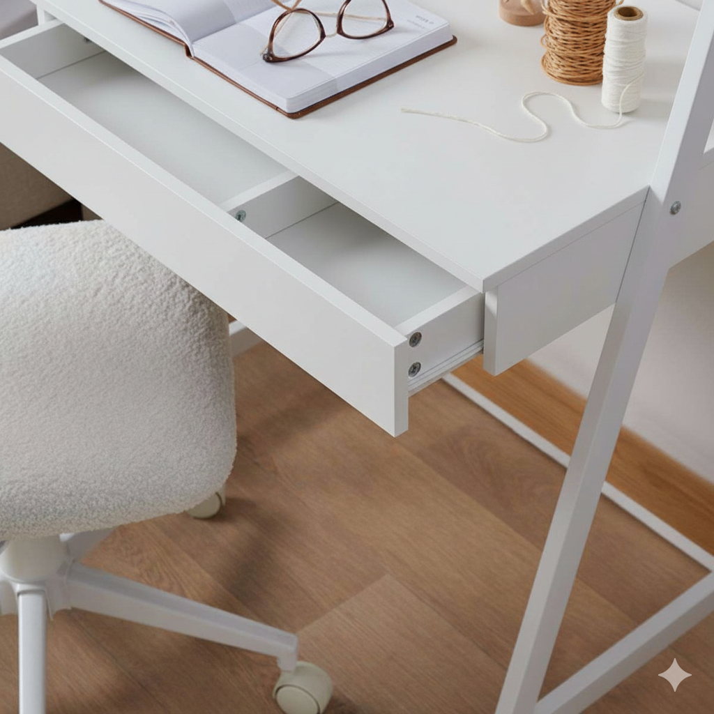 MFurn Modern Ladder Study Desk With Shelf – Wood & White Metal Frame