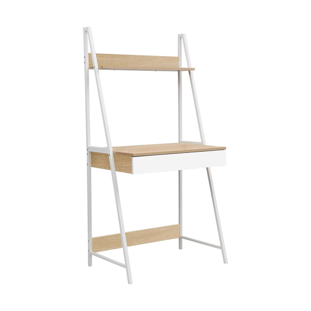 MFurn Modern Ladder Study Desk With Shelf – Wood & White Metal Frame