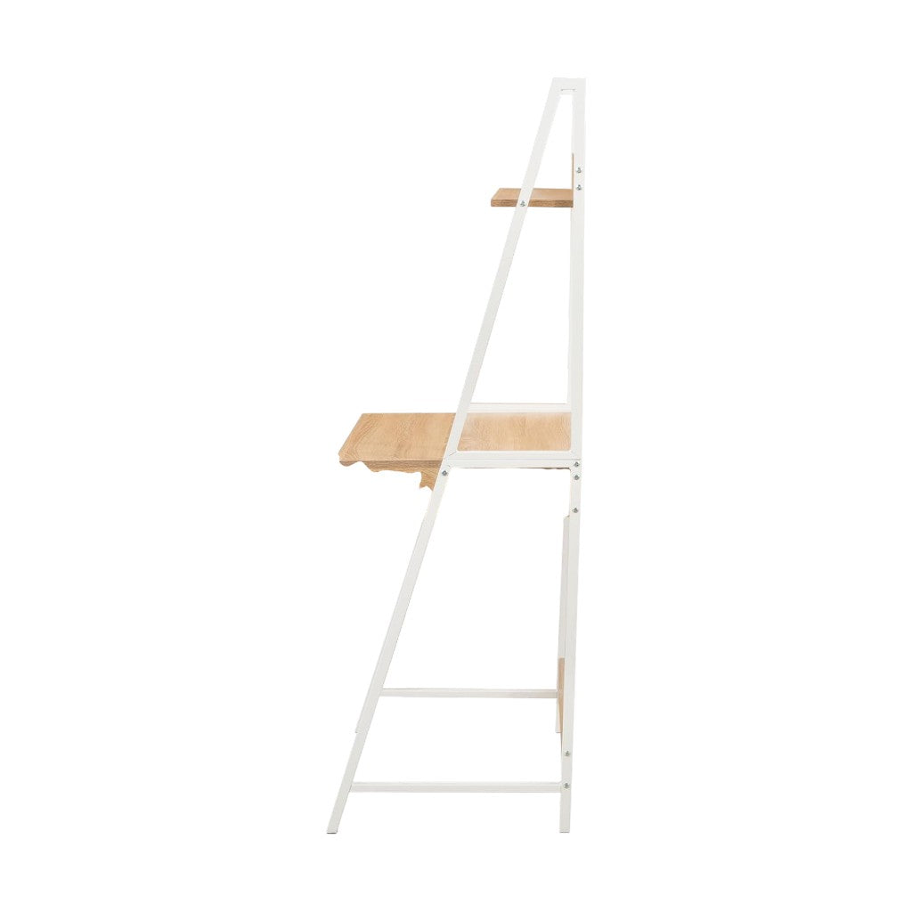 MFurn Modern Ladder Study Desk With Shelf – Wood & White Metal Frame