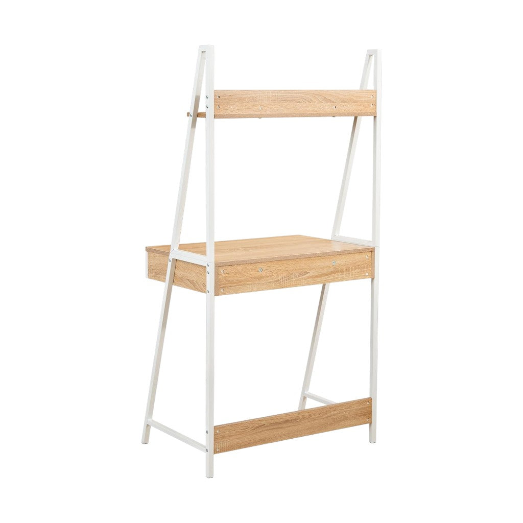 MFurn Modern Ladder Study Desk With Shelf – Wood & White Metal Frame