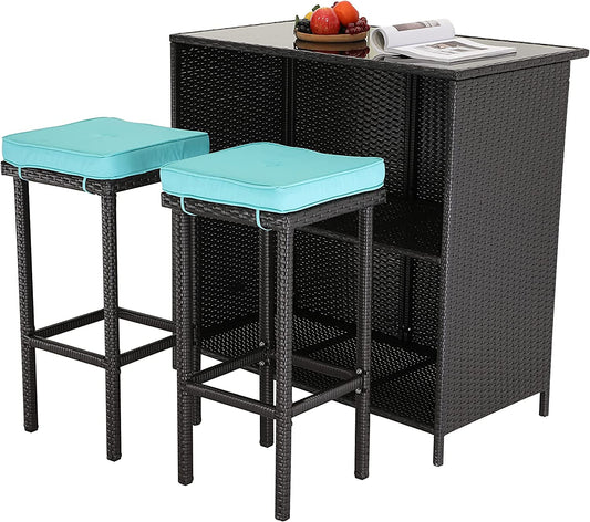 MFurn Cassy 3pc Wicker Outdoor Patio Bar Set with Glass Top & Cushions