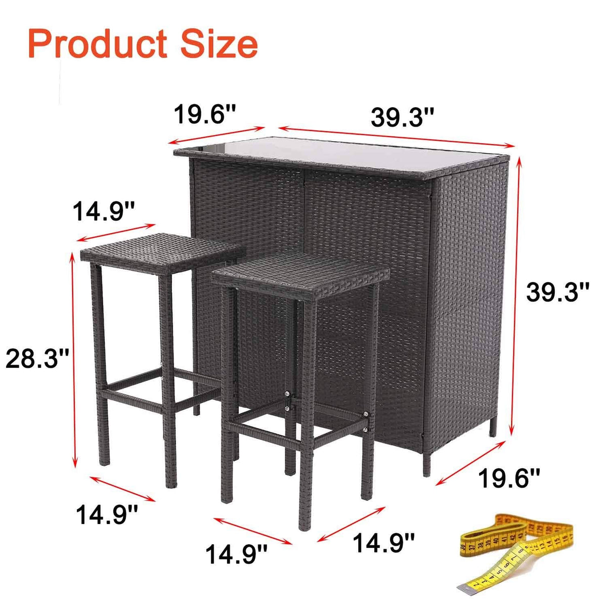 MFurn Cassy 3pc Wicker Outdoor Patio Bar Set with Glass Top & Cushions
