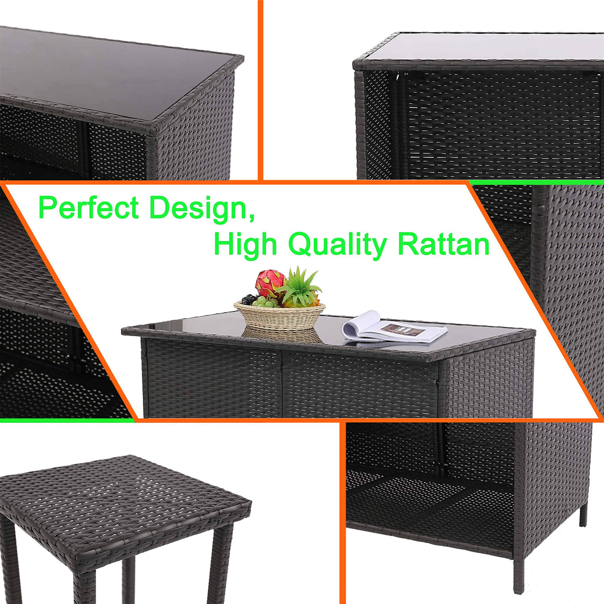MFurn Cassy 3pc Wicker Outdoor Patio Bar Set with Glass Top & Cushions