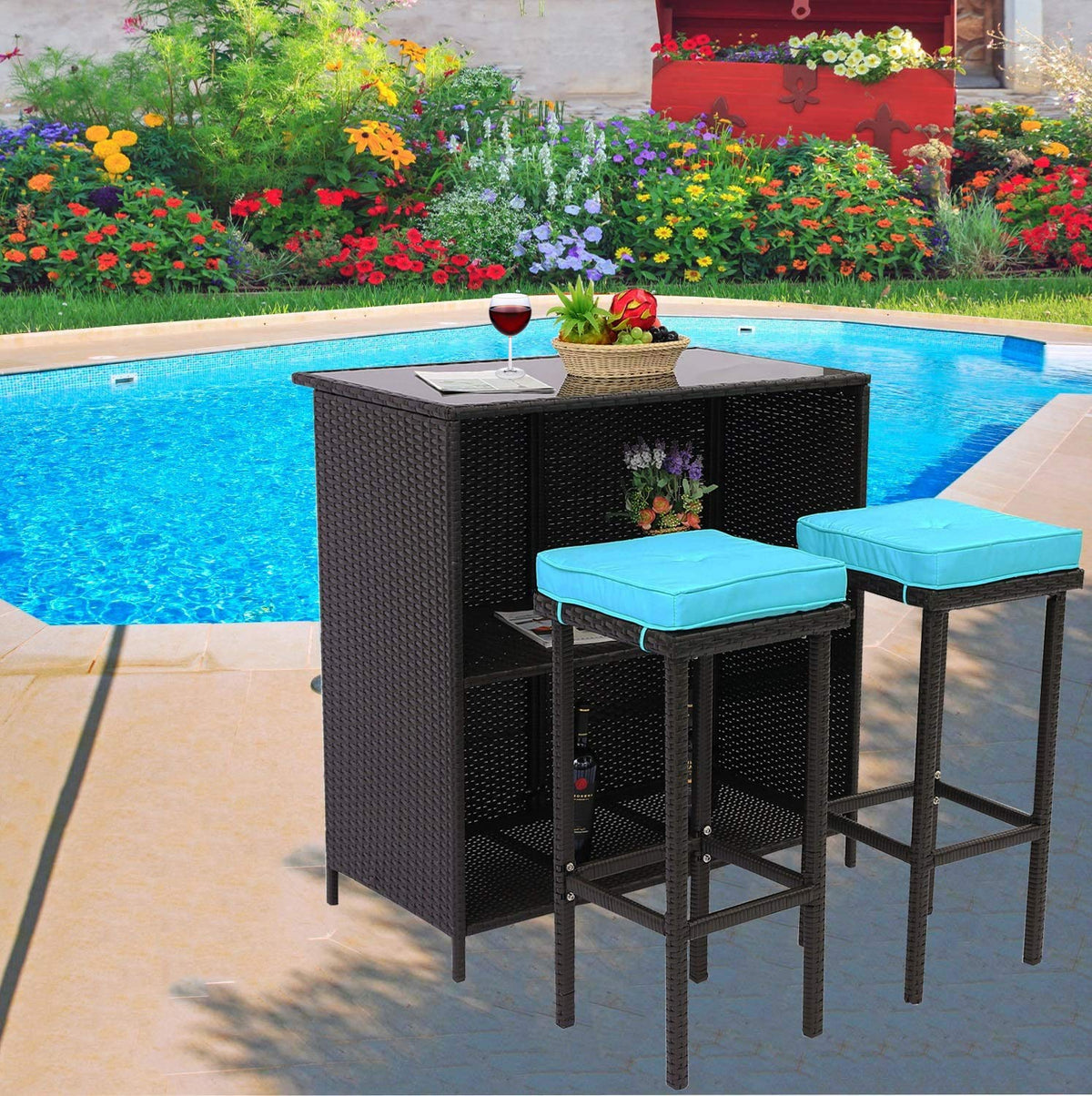 MFurn Cassy 3pc Wicker Outdoor Patio Bar Set with Glass Top & Cushions