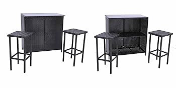MFurn Cassy 3pc Wicker Outdoor Patio Bar Set with Glass Top & Cushions
