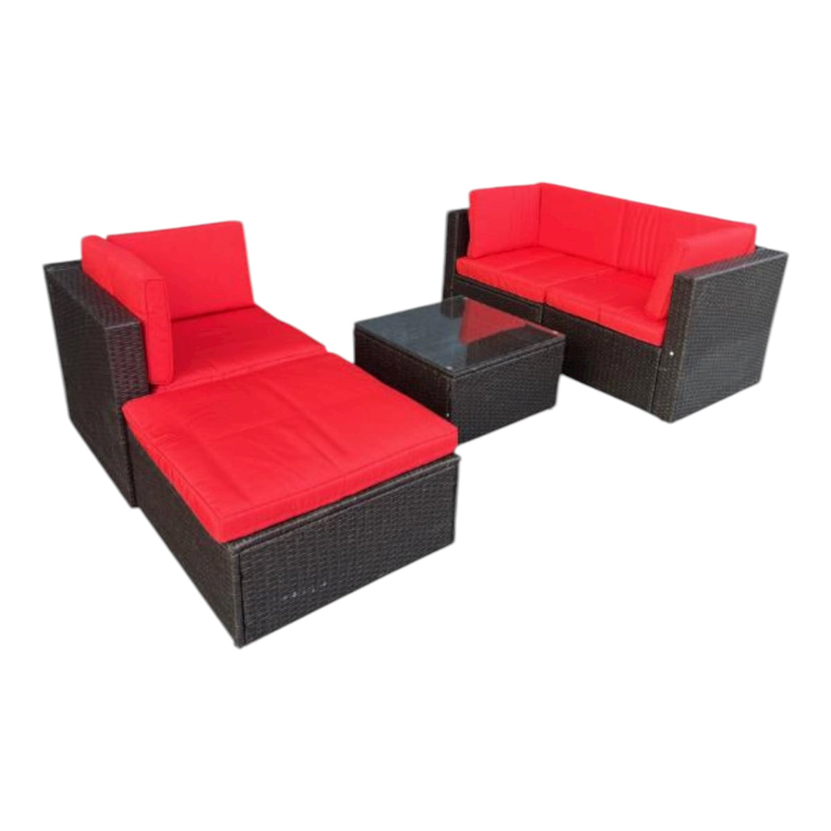 MFurn - Lexi 5pc Patio Furniture Set - Wicker Conversation Set With Removable Cushions & Side Table Ottoman, Rattan Outdoor Sectional Sofa For Garden, Backyard, Porch, Outdoor Furniture (Red)-PreOrder Sales Now Open