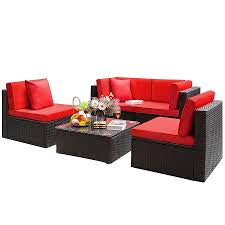 MFurn - Lexi 5pc Patio Furniture Set - Wicker Conversation Set With Removable Cushions & Side Table Ottoman, Rattan Outdoor Sectional Sofa For Garden, Backyard, Porch, Outdoor Furniture (Red)-PreOrder Sales Now Open