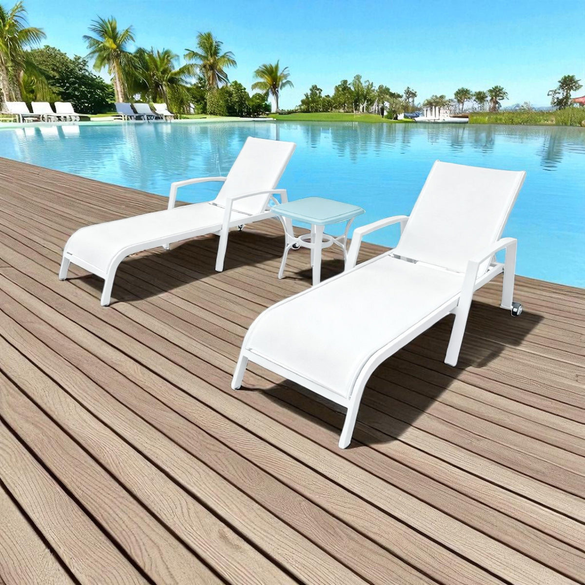 MFurn Clay 3pc White Aluminium Pool Lounger Set with Side Table