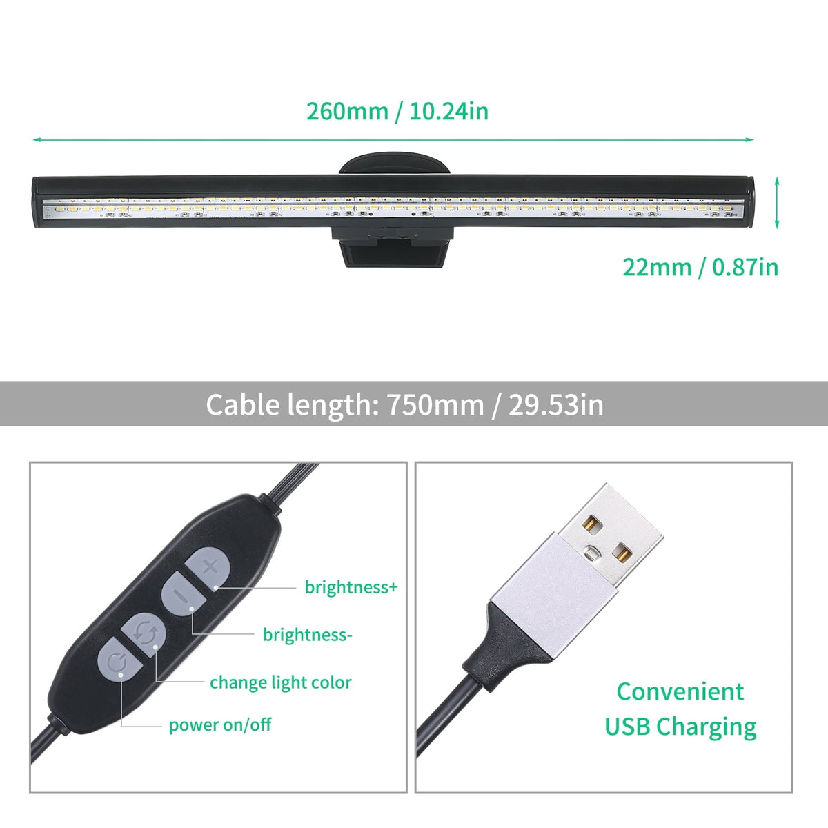 e-Reading Monitor Light for Laptop USB Operated Dimmable Eye-caring Screen Lamp 3 Color Temperature & Adjustable 10 Brightness Levels Space Saving LEDs Task Lamp