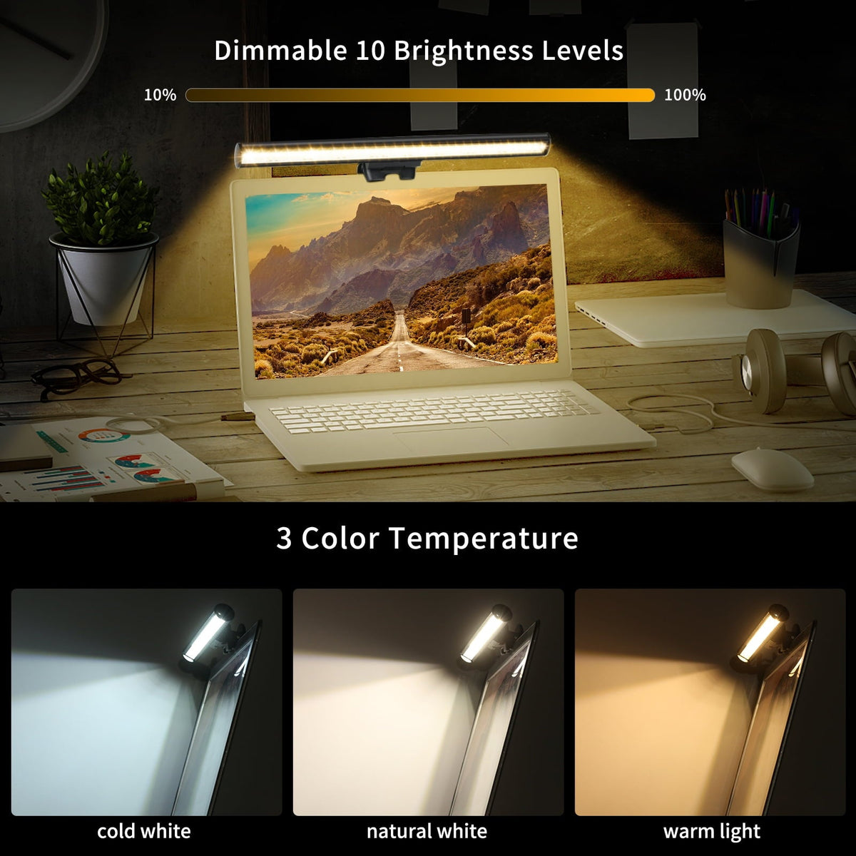 e-Reading Monitor Light for Laptop USB Operated Dimmable Eye-caring Screen Lamp 3 Color Temperature & Adjustable 10 Brightness Levels Space Saving LEDs Task Lamp