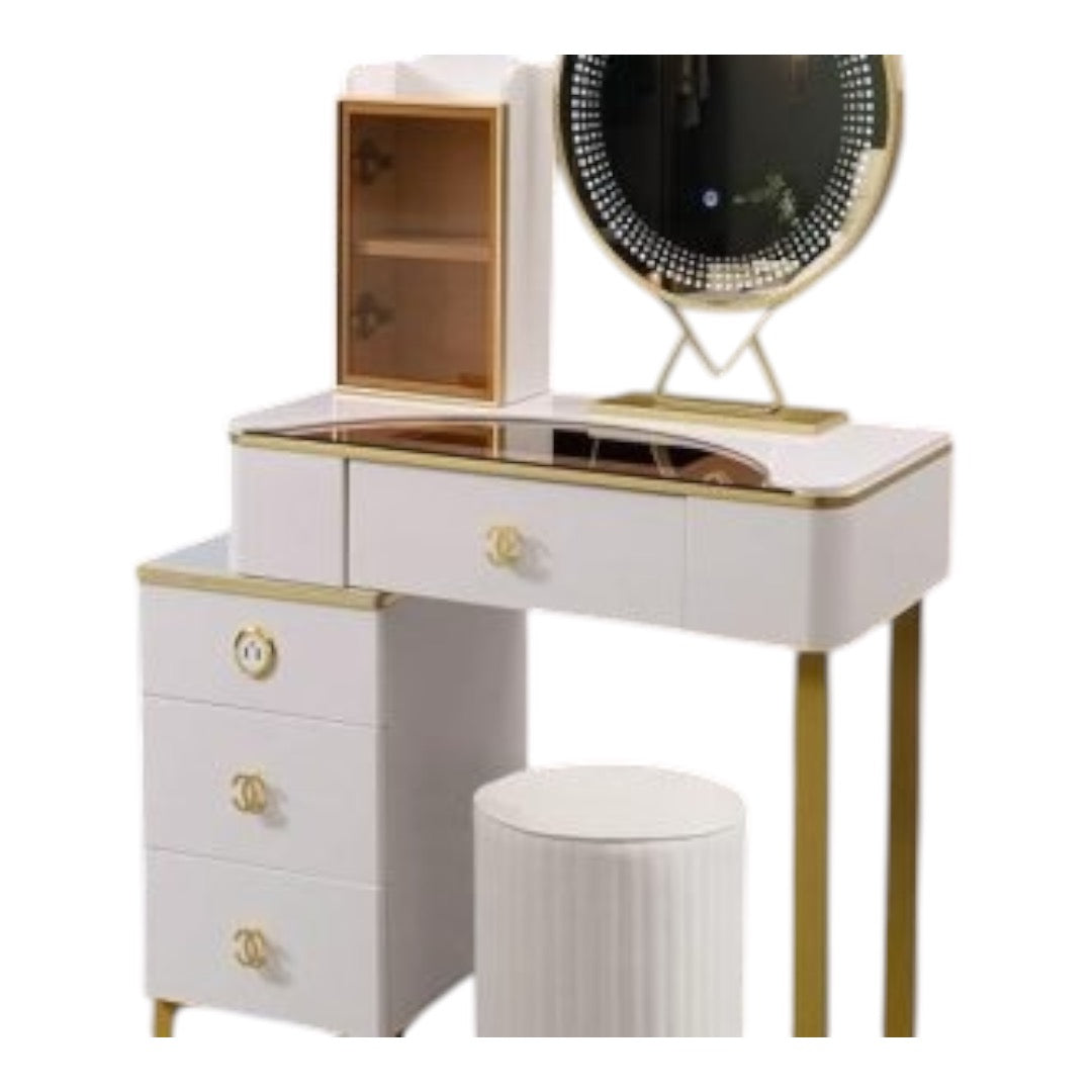 Dressing Table with 3-Color Adjustable LED Lights Mirror, Modern Makeup Desk with 4 Drawers Wooden Detachable Vanity Table Stool Set for Bedroom Furniture for Girls