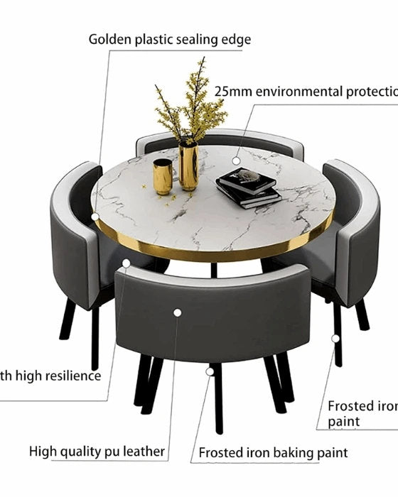 MFurn Modern Nordic Round Dining Table Set – 5pc Marble Look MDF Table with 4 PU Leather Chairs