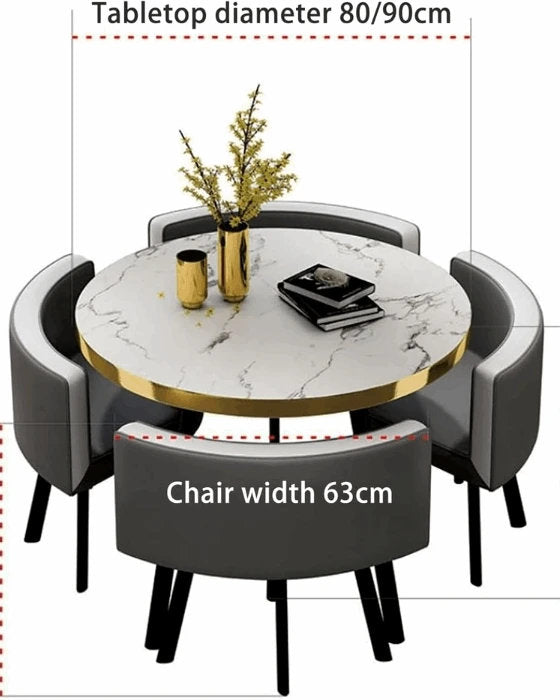 MFurn Modern Nordic Round Dining Table Set – 5pc Marble Look MDF Table with 4 PU Leather Chairs